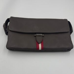 Bally Dark Brown Leather Messenger Clutch with Red Accent
